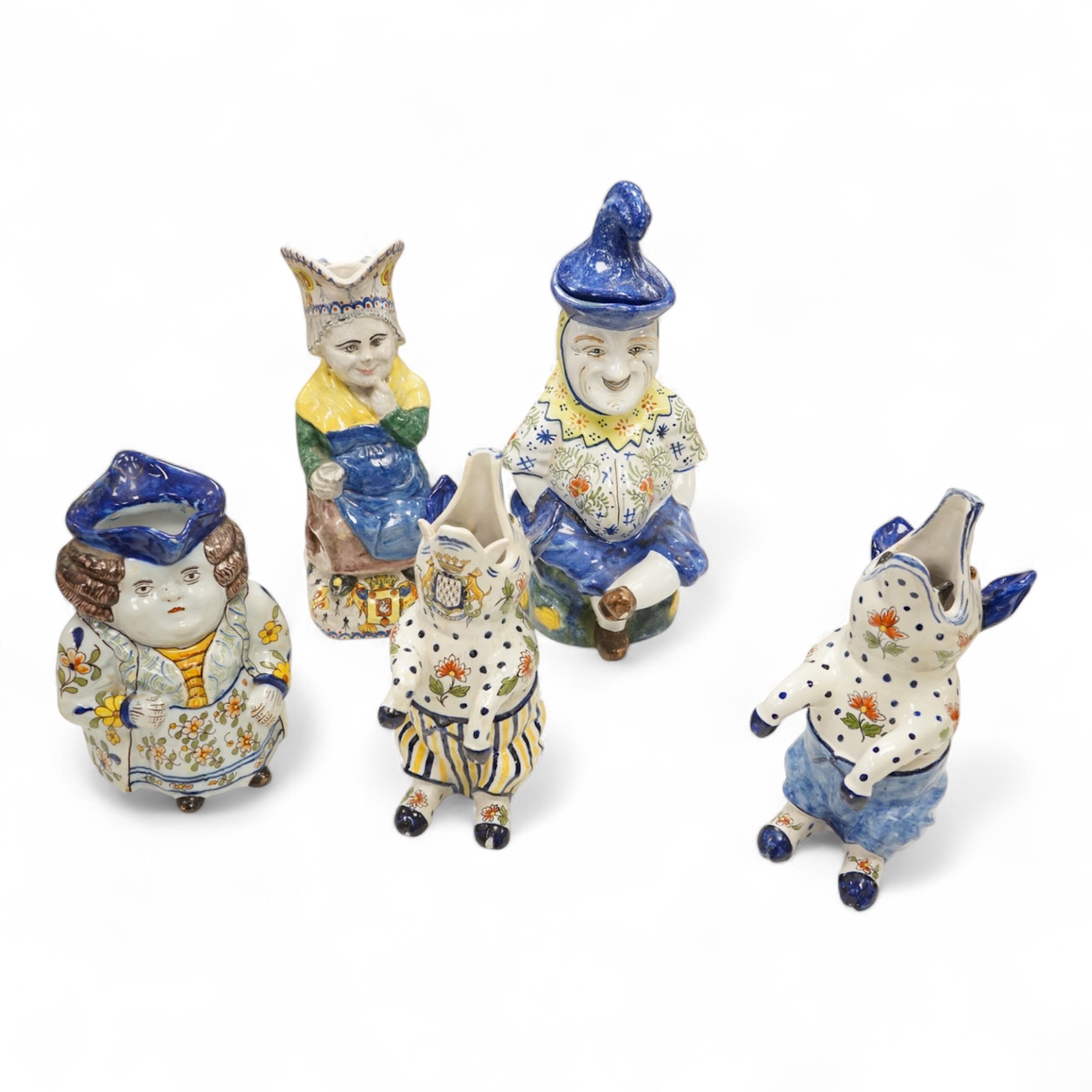 A group of five pieces of French tin glazed pottery, tallest 32cm